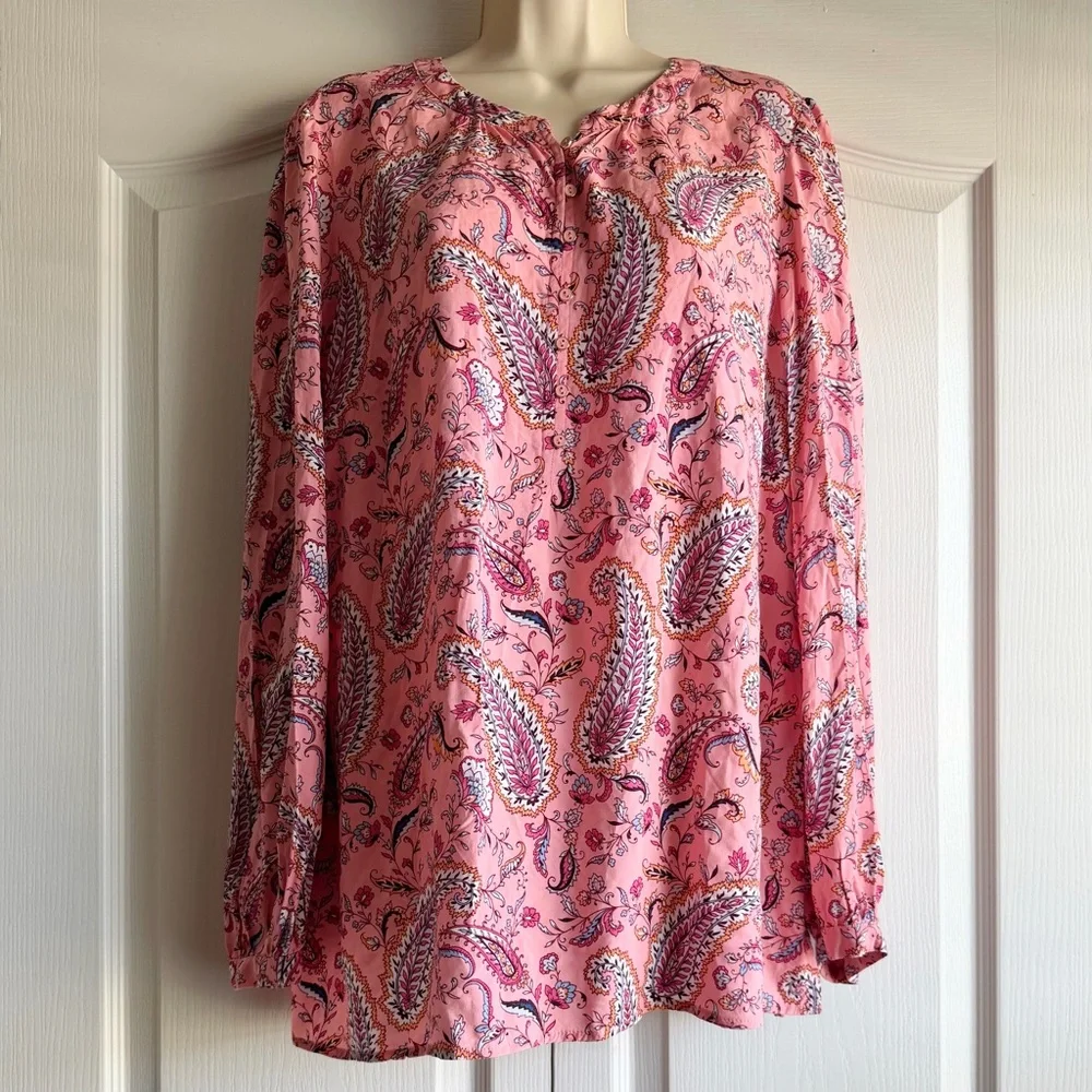 Talbots Dancing Paisley Band Collar Popover Top - Picture 2 of 8